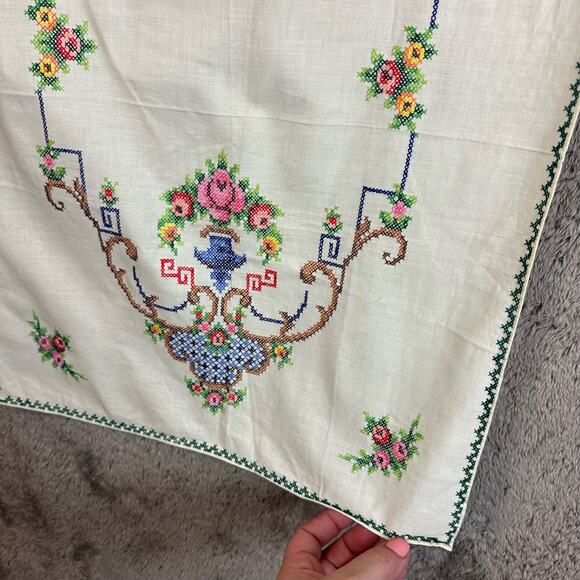 Vintage Cross Stitch Rectangle Table Runner Cover White Blue PInk Floral - Picture 3 of 7